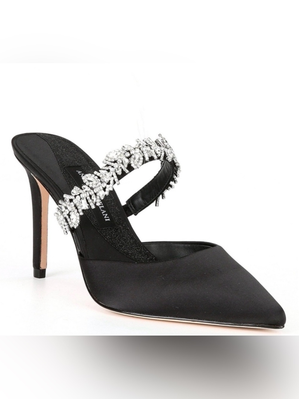 Antonio Melani Black Satin Crystal Strap Pointed Mule